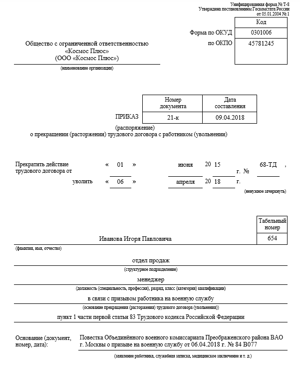 Приказ об увольнении с связи с призывом на военную службу образец