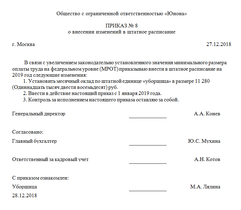 Приказ на изменение штатного расписания в связи с увеличением мрот 2022 образец