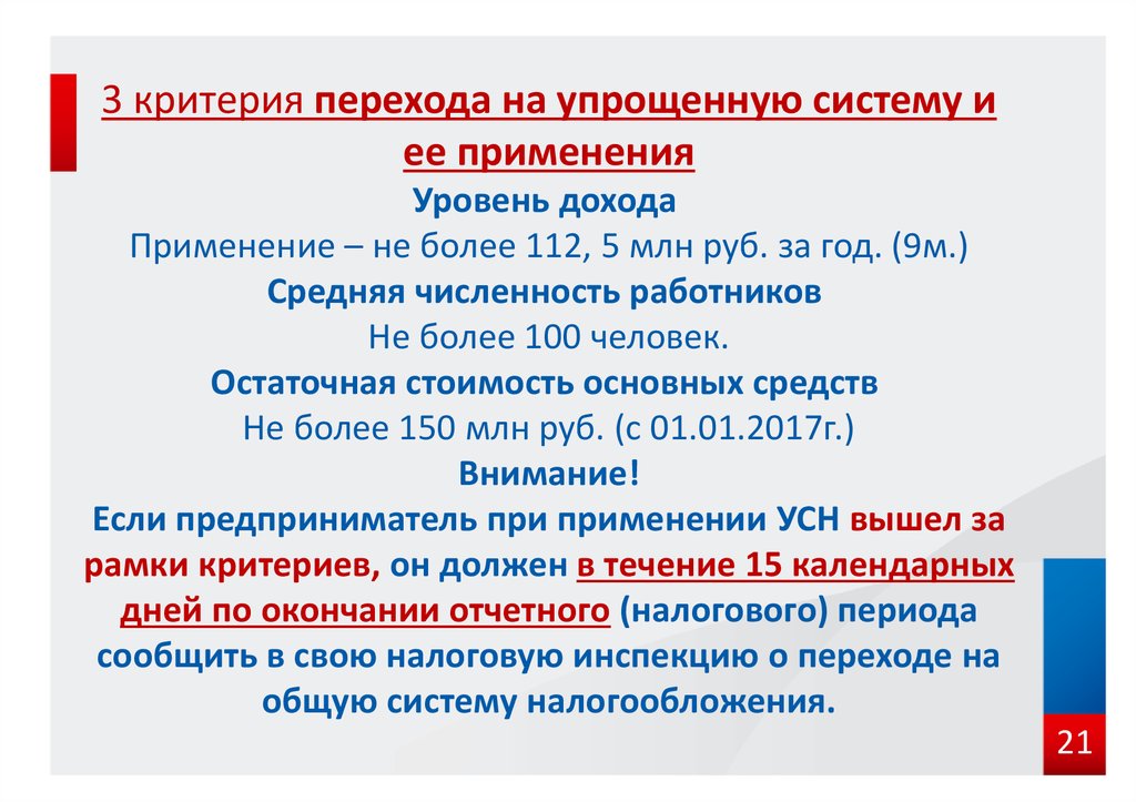 Условия перехода на усн