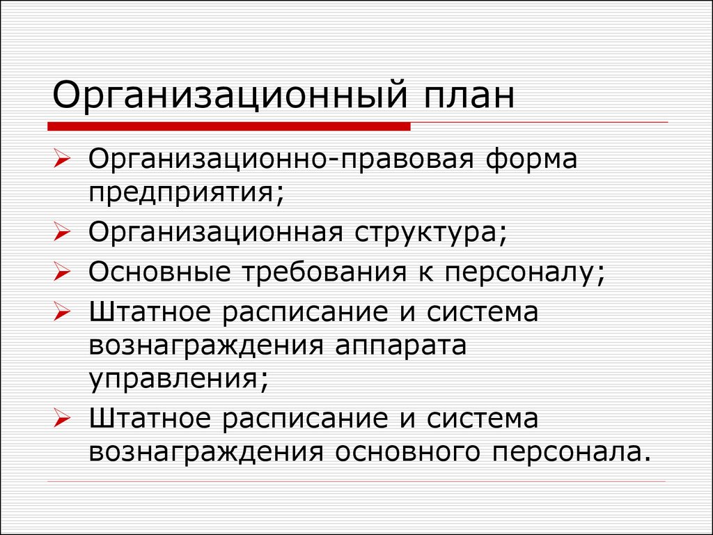 Организационный план содержит помимо прочего информацию об организационной структуре предприятия