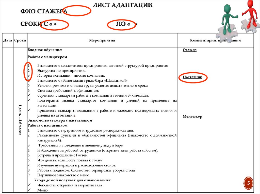 Аттестация стажера. Лист адаптации официанта. Пример адаптационного листа нового сотрудника. План адаптации образец. Вопросы для адаптации новых сотрудников.