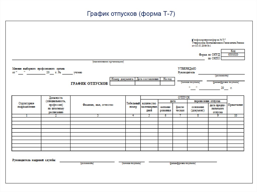 График отпусков. Унифицированная форма т-7. Форма Графика отпусков унифицированная форма т-7. Бланк Графика отпусков. Унифицированная форма Графика отпусков.