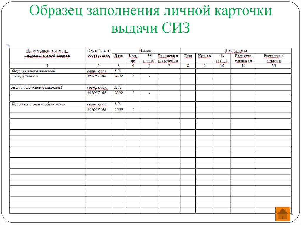 Личные карточки учета выдачи сиз образец заполнения