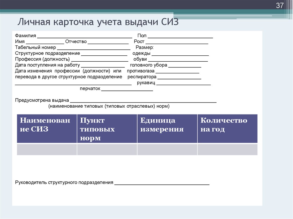 Карточка выдачи сиз образец заполнения