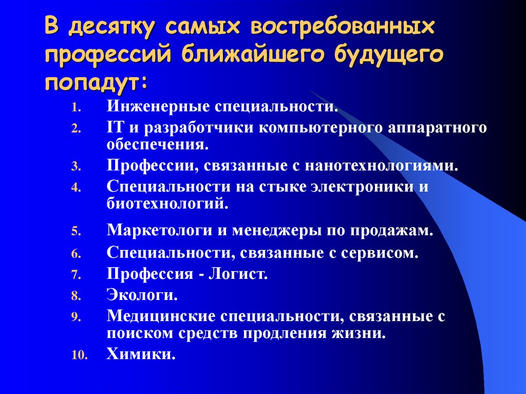 Самые востребованные профессии сегодня и завтра презентация