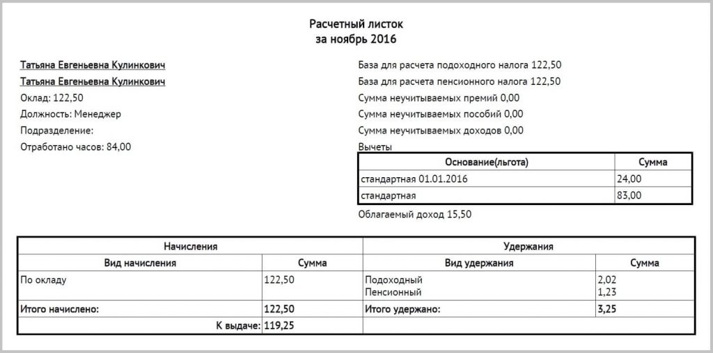 Образец заполнения расчетного листка по заработной плате