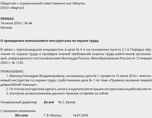 Образец приказ о проведении внепланового инструктажа по охране труда образец