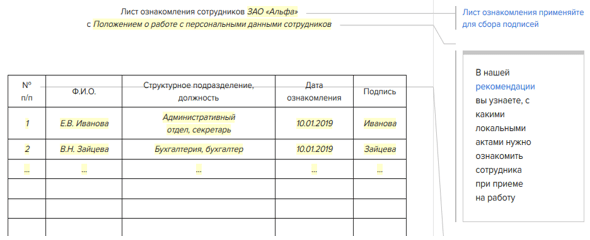 Лист ознакомления с личным делом работника образец