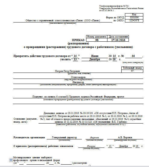 Акт на работника за прогул образец