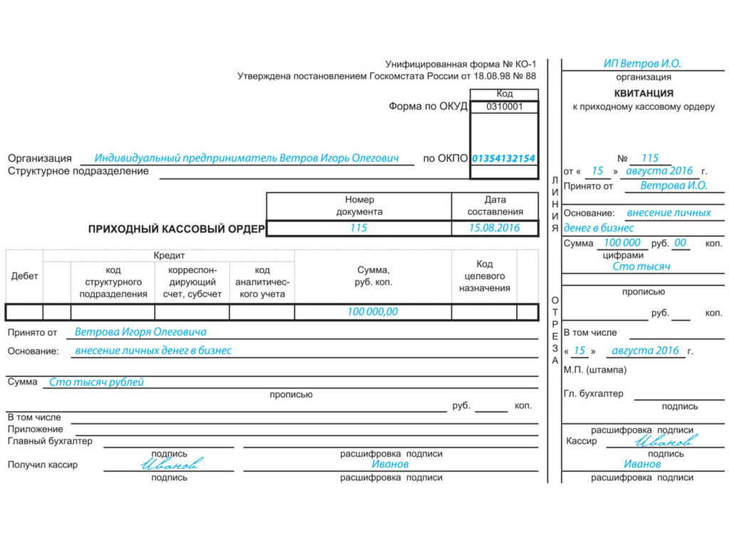 Образец заполненного пко