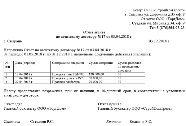 Отчет агента принципалу образец