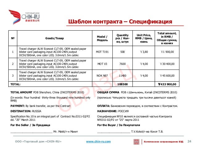 Спецификация к внешнеторговому контракту образец