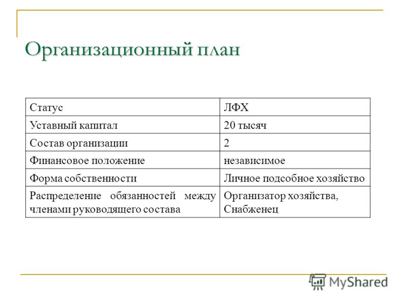 Организационный план содержит помимо прочего информацию об организационной структуре предприятия