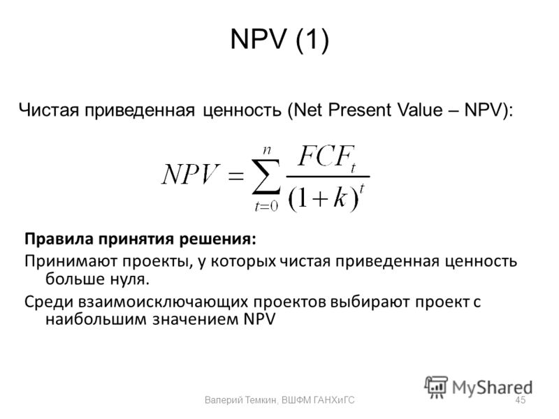 Чистая приведенная стоимость проекта представляет собой тест с ответами