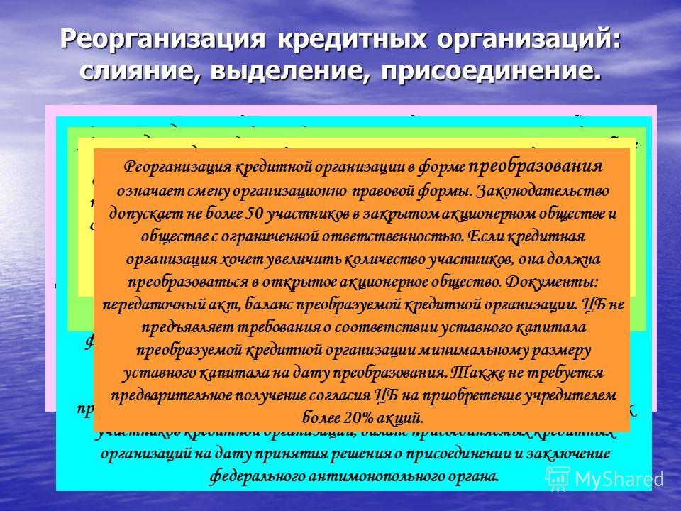 Создание реорганизация. Реорганизация кредитных организаций. Формы реорганизации кредитных организаций. Реорганизация юридического лица слияние. Реорганизация коммерческих организаций.