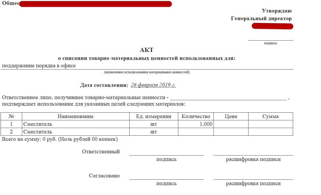 Образец акта о списании