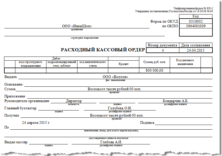 Рко при инкассации образец заполнения