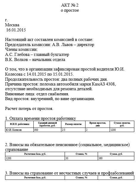 Образец акт простоя по вине заказчика образец