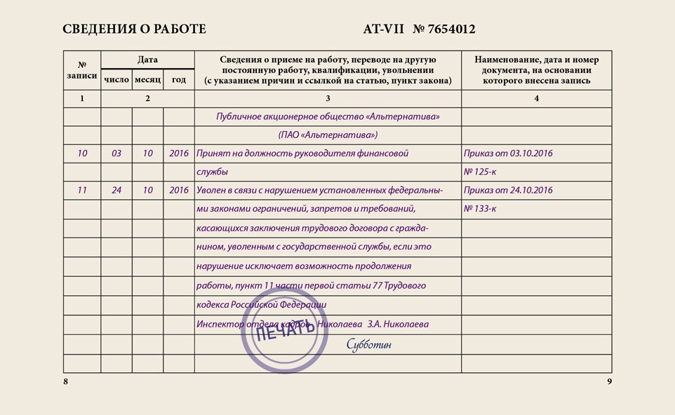 Запись об увольнении в связи со смертью работника образец