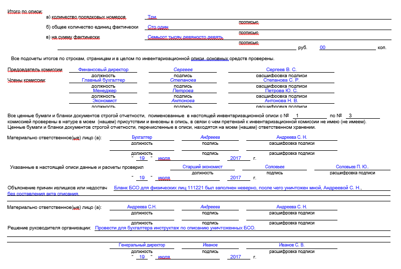 Заключение комиссии в инвентаризационной описи образец заполнения