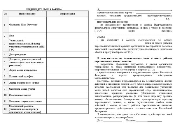 Заявка на прохождение тестирования в рамках гто бланк образец заполнения