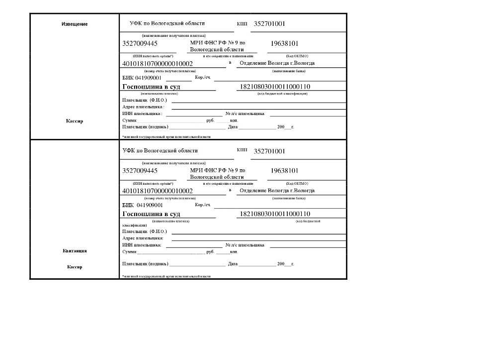 Образец квитанция об оплате госпошлины в суд образец