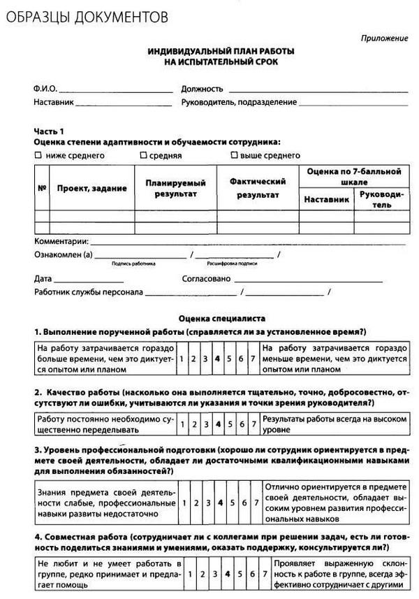 Индивидуальный план работы на испытательный срок образец