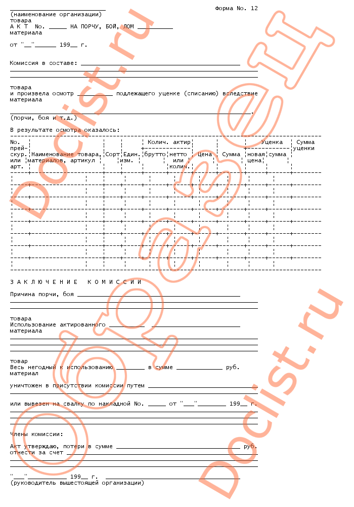 Акт о порче бое ломе товаров материалов образец заполнения