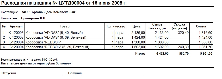 Расходная накладная образец