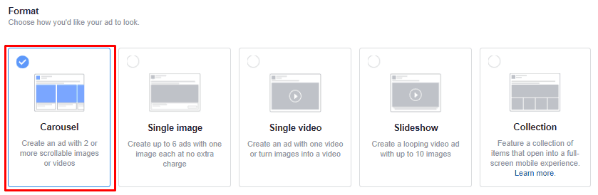 format for Instagram ad "Carousel"