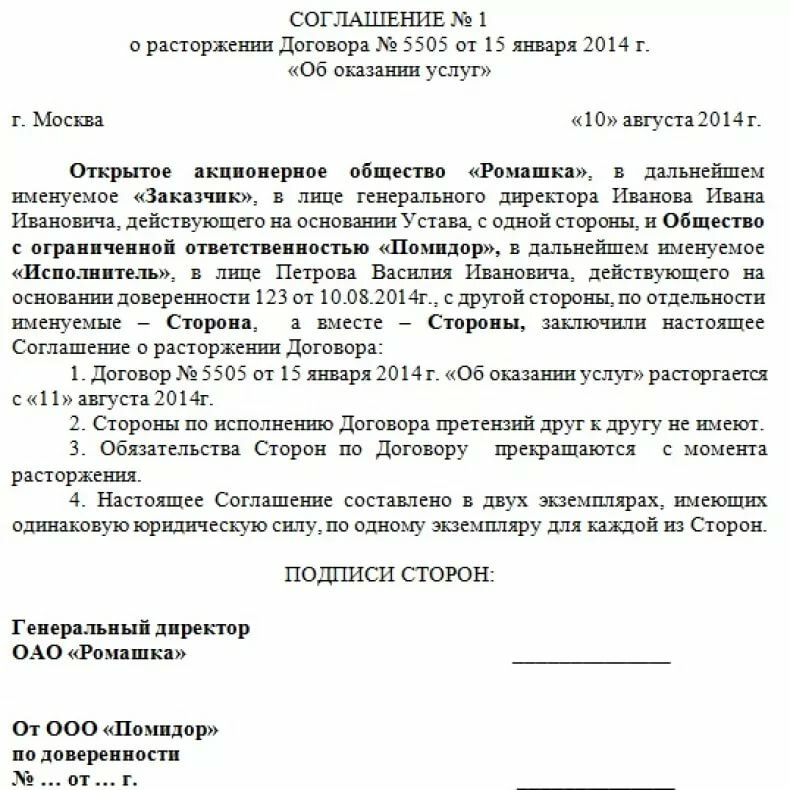 Образец расторжения договора: Соглашение о расторжении договора, об ...