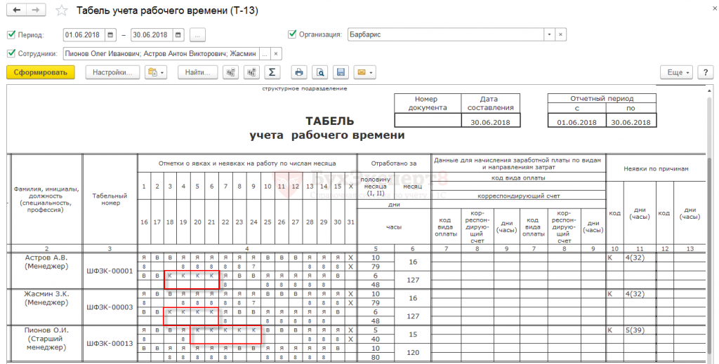 Корректирующий табель образец