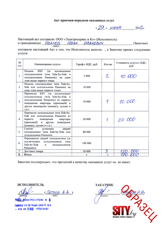 Акт приема передачи оказание услуг образец