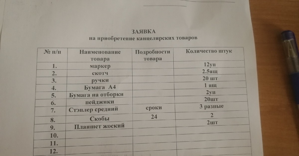 Заявка на канцтовары образец excel для сотрудников