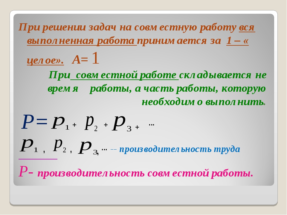 Какую совместную работу. Задачи на совместную работу формулы. Формулы для решения задач на производительность. Задачи на производительность формулы. Алгоритм решения задач на производительность.