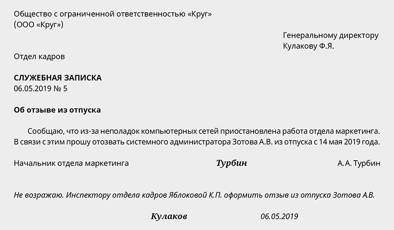 Образец приказа о вызове из отпуска работника образец