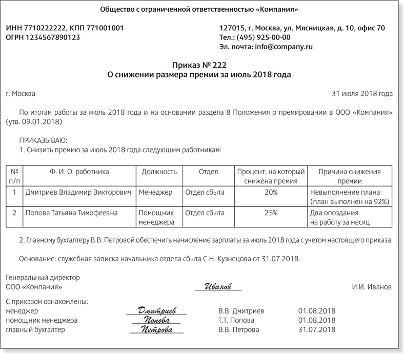 Приказ о снижении премии образец