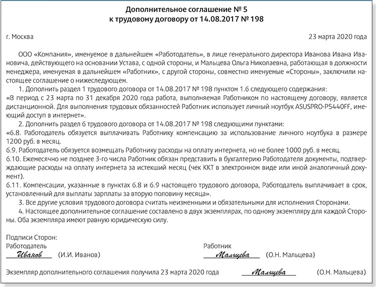 Дополнительное соглашение о комбинированной дистанционной работе образец