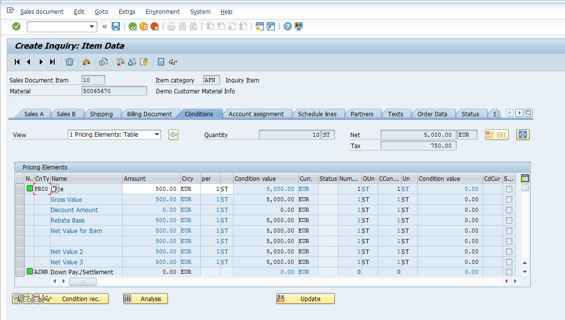 Sales Document Flow – Creating Sales Inquiry – VA11 > Conditions (Pricing)