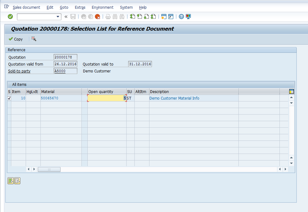 Creating Sales Order with a Reference to Quotation - VA01 - Change Quantity to 5