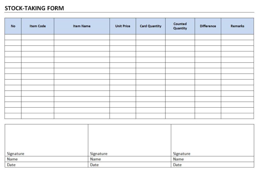 Stock Taking Form Template for Word