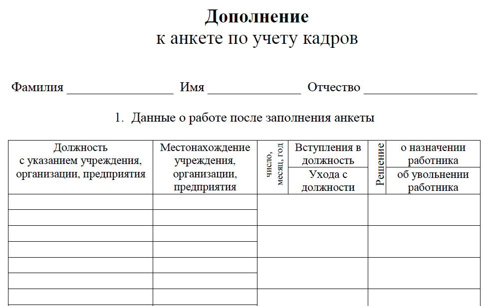 Анкета работника для личного дела образец