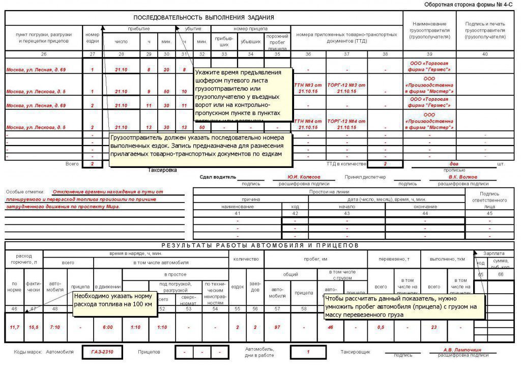 Как правильно заполнить путевой лист грузового автомобиля образец