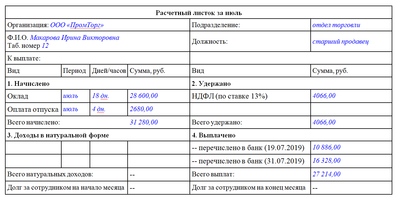 Расчетка по зарплате образец