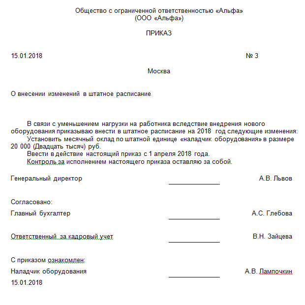 Образец приказа о введении штатной единицы в штатное расписание