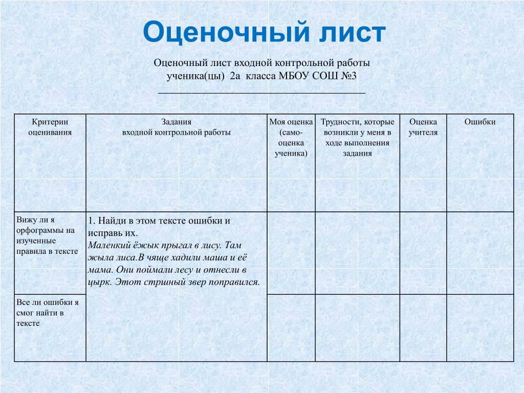 Образец оценочного листа для стимулирующих выплат учителям