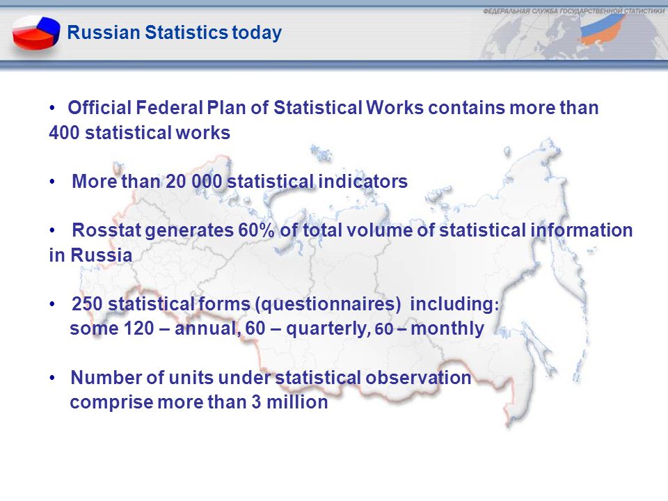 Official Federal Plan of Statistical Works contains more than 400 statistical works More than statistical indicators Rosstat generates 60% of total volume of statistical information in Russia 250 statistical forms (questionnaires) including : some 120 – annual, 60 – quarterly, 60 – monthly Number of units under statistical observation comprise more than 3 million Russian Statistics today