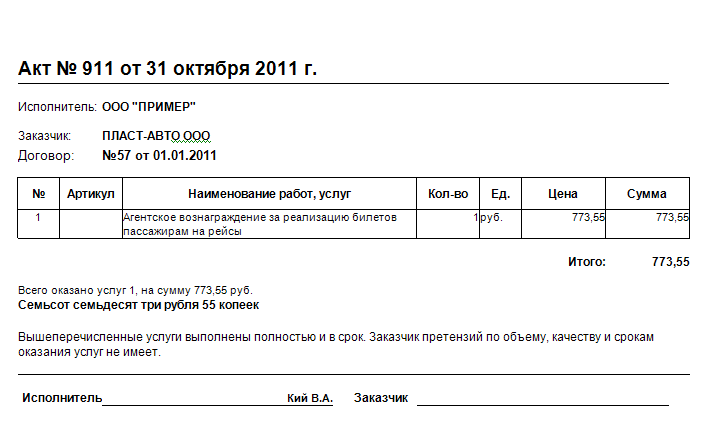 Форма акта выполненных работ по договору об оказании услуг образец в ворде