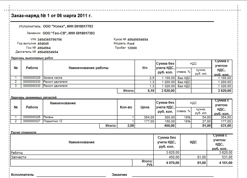 Заказ наряд на выполнение работ в автосервисе образец заполненный