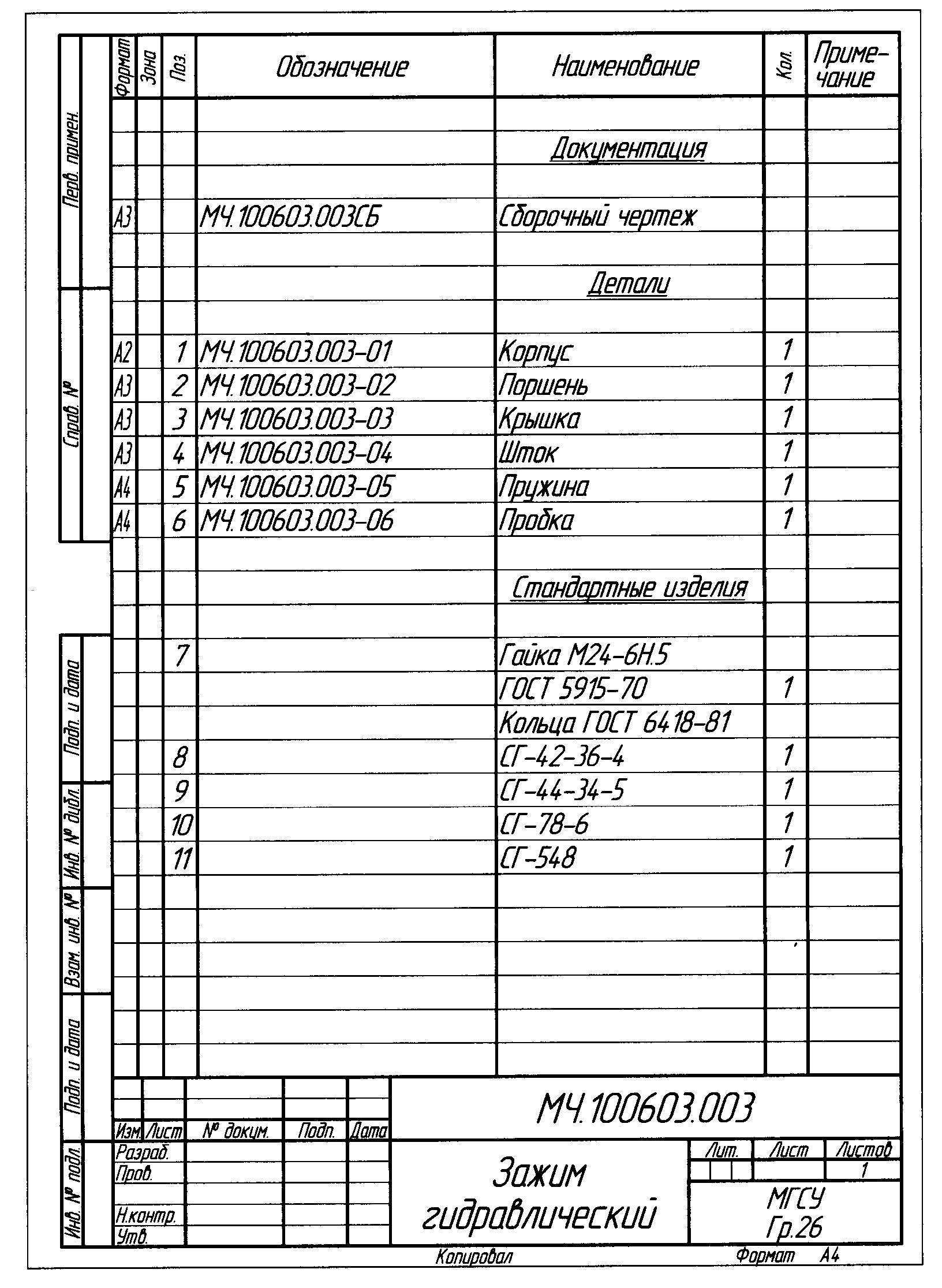 Спецификация к чертежу гост